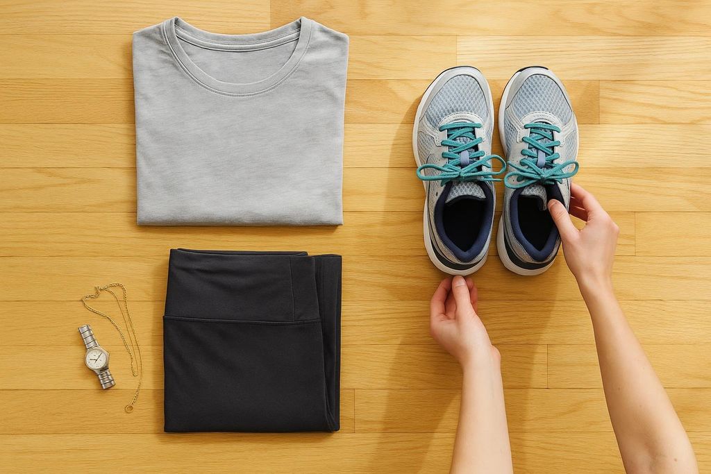 A light gray t-shirt and folded black leggings are laid out on a wooden floor next to a silver watch and gold necklace. Two hands are placing a pair of gray and teal running shoes, suggesting attire for a DEXA scan.