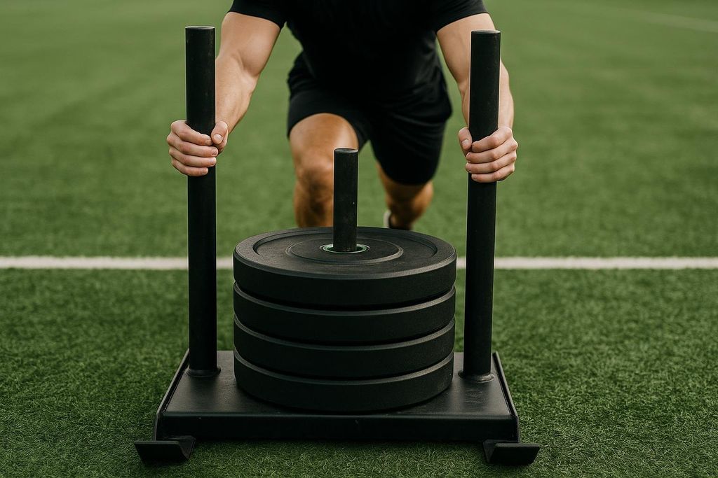 Weighted sled on turf representing hybrid performance training