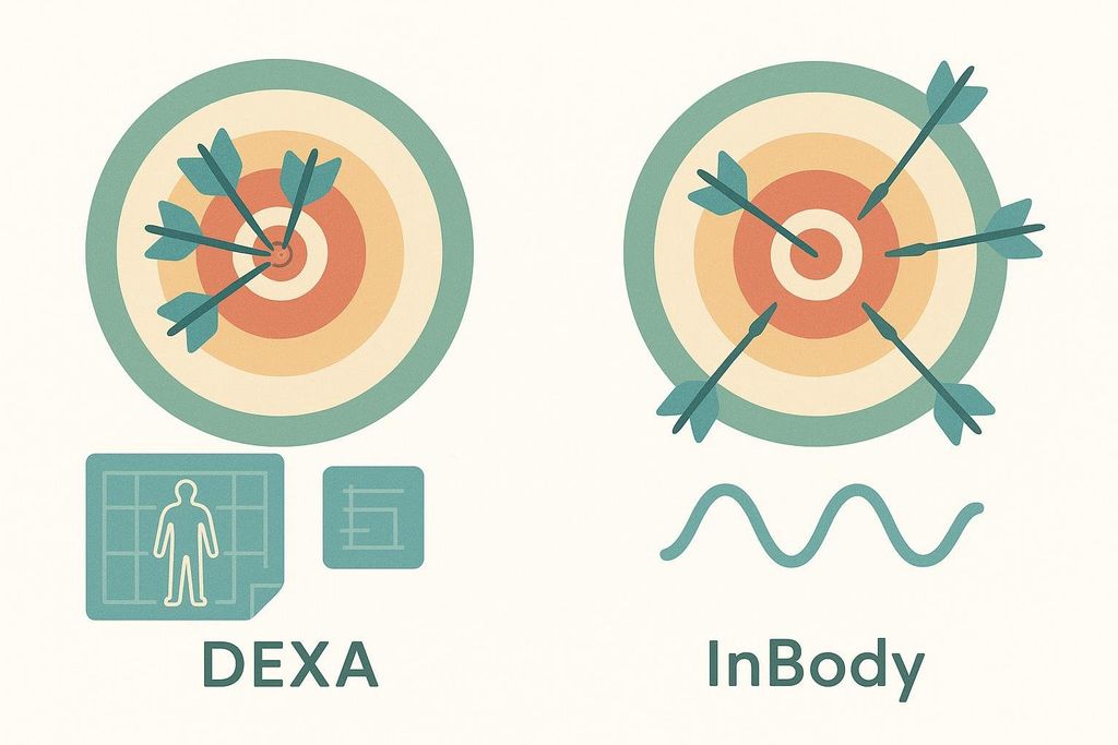 Illustrations comparing the accuracy of DEXA and InBody scans. A target with tightly clustered darts represents the precision of DEXA, while a target with scattered darts represents the variability of InBody.