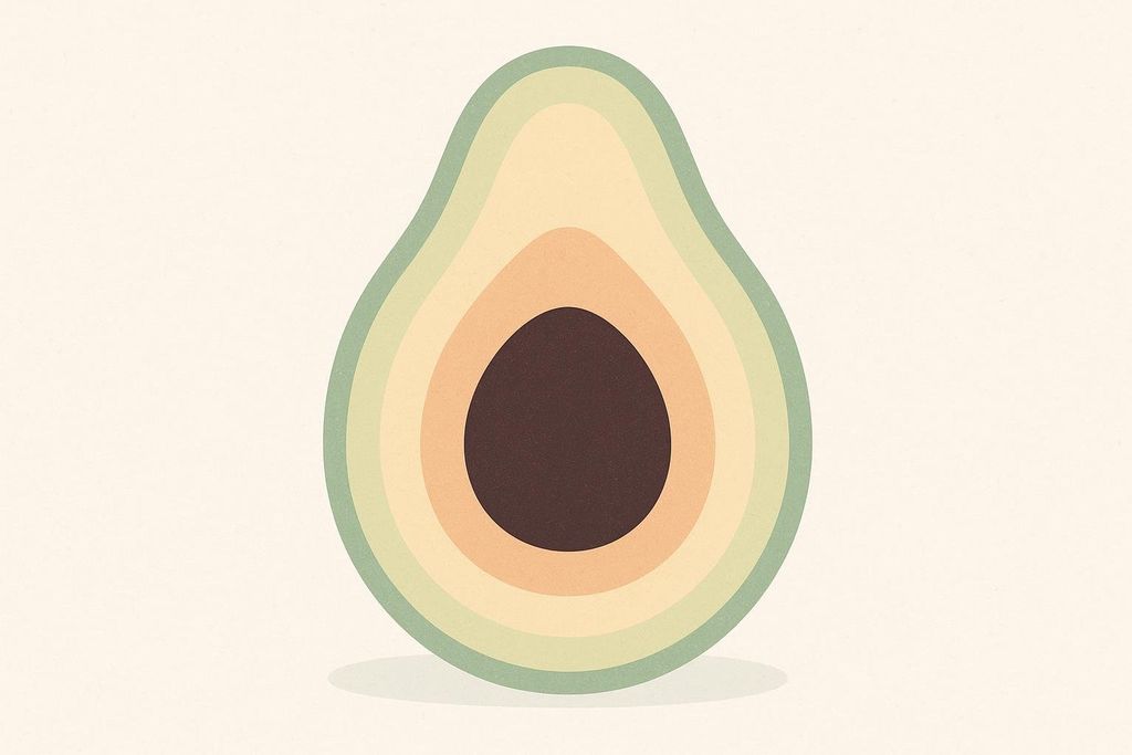 An abstract illustration of an avocado cut in half, showcasing its layers in shades of green, yellow, and orange, with a dark brown pit at the center. The background is a warm off-white.