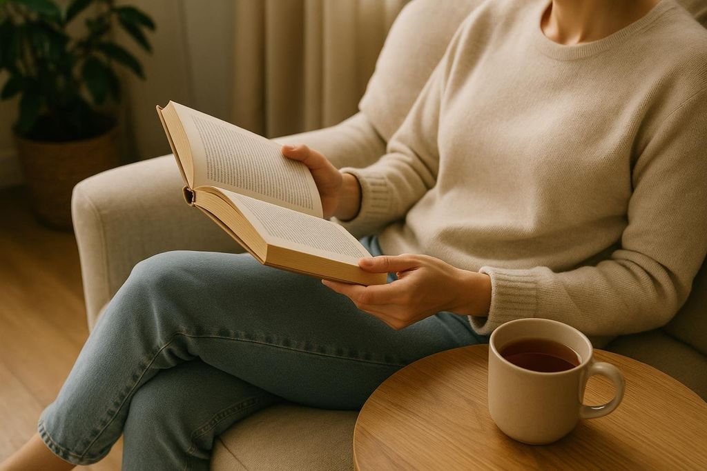 A person sitting comfortably in a light-colored sweater and jeans, reading an open book, with a cup of tea on a small wooden table beside them. The image conveys a sense of relaxation and calm.