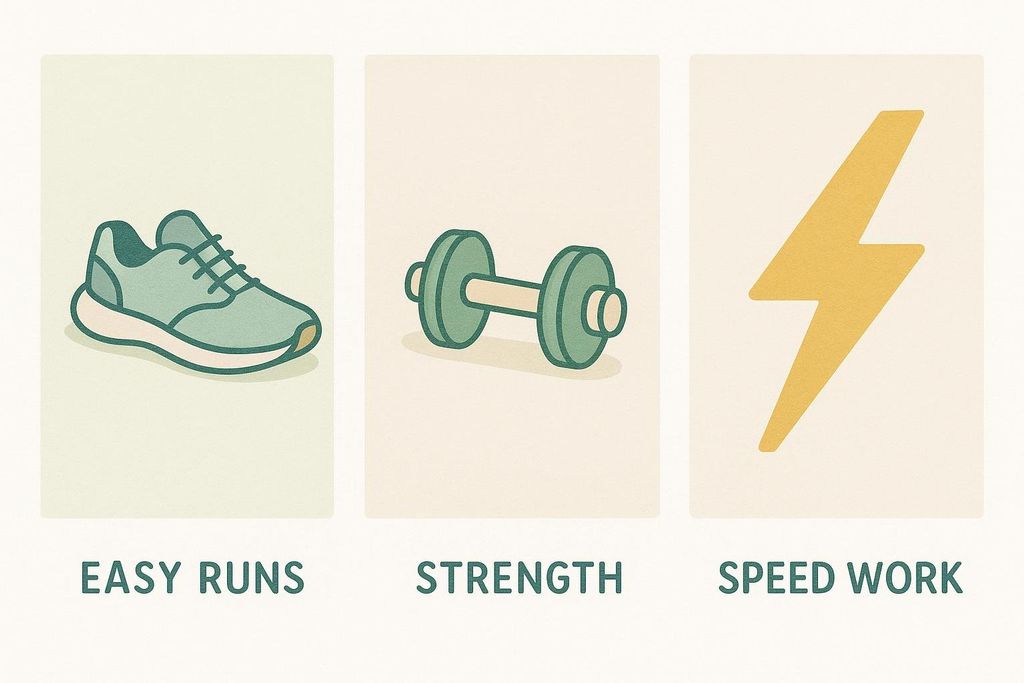 An illustration with three panels. The left panel shows a running shoe, labeled 'EASY RUNS'. The middle panel shows a dumbbell, labeled 'STRENGTH'. The right panel shows a yellow lightning bolt, labeled 'SPEED WORK'. This represents a well-rounded training plan.