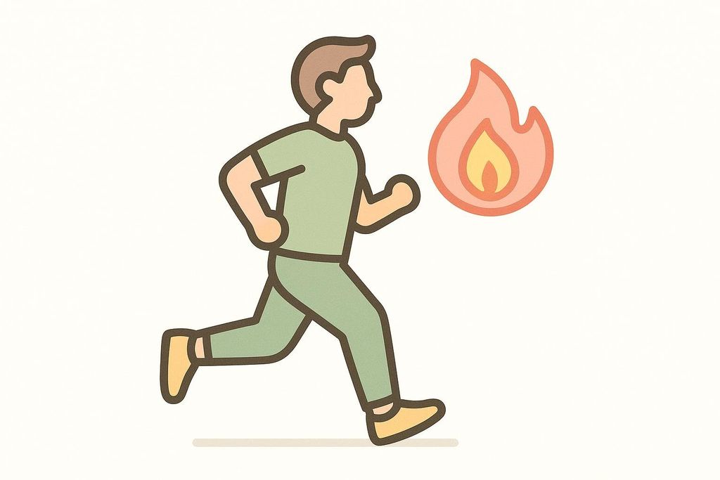 Illustration of a person jogging, with a flame icon next to them symbolizing calories being burned during exercise.