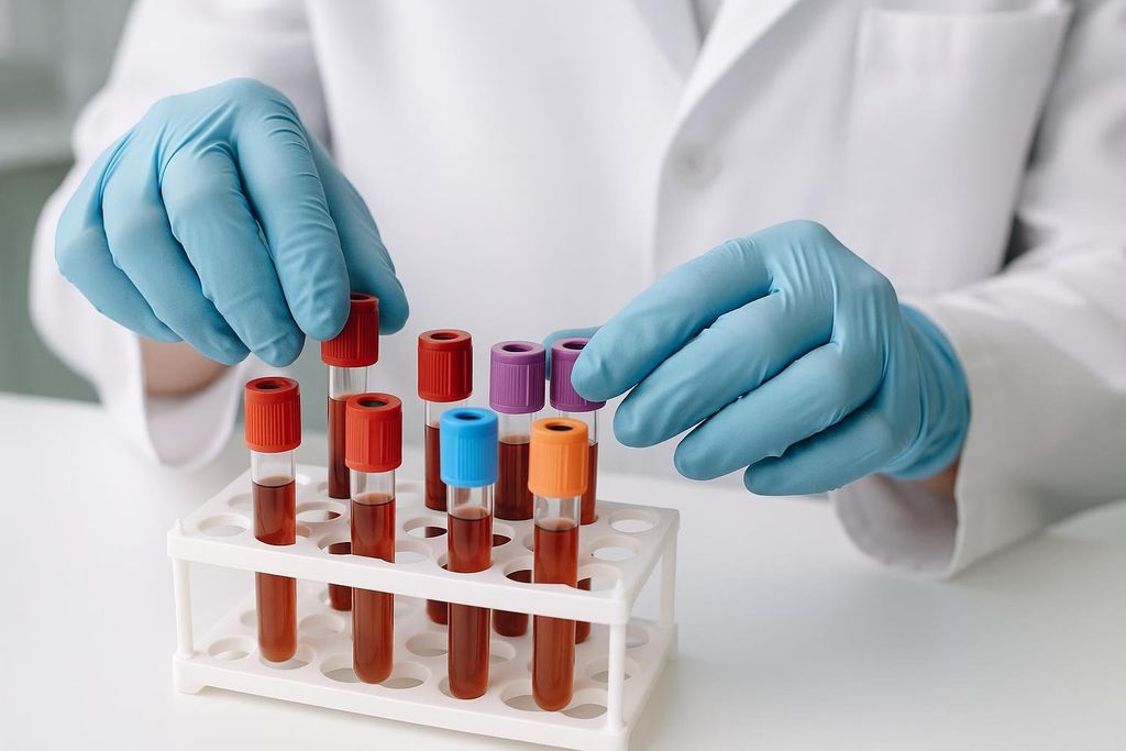 Gloved hands arranging lab vials, representing the importance of regular blood tests and monitoring when taking rapamycin.