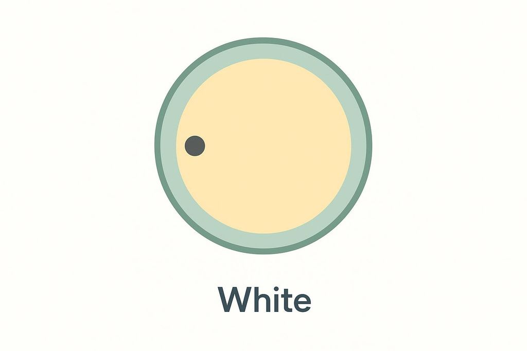 Illustration of a cell with a large, light yellow lipid droplet and a small dark grey nucleus, bordered by a green outer membrane. The word 'White' is written below it.