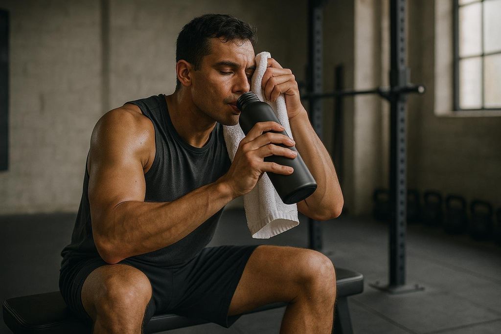 A man in athletic wear is seated on a bench in a gym, drinking from a black water bottle and wiping his forehead with a white towel. He appears to be recovering after a workout.