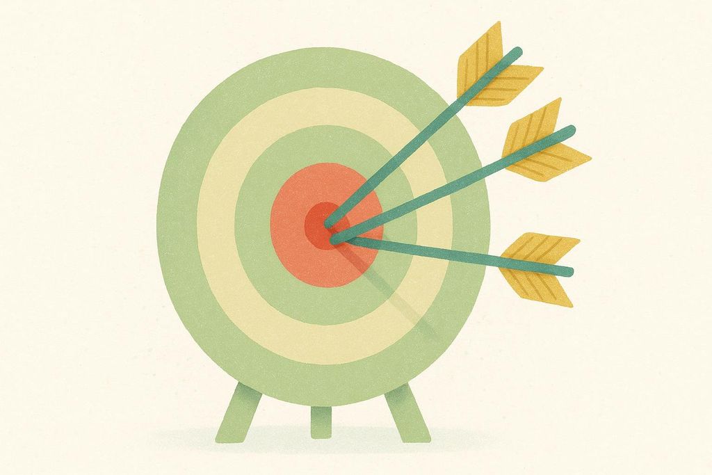 An illustration of a green and yellow target with a red bullseye. Three teal arrows with yellow fletching are all deeply embedded in the red bullseye, symbolizing precision and repeatability.
