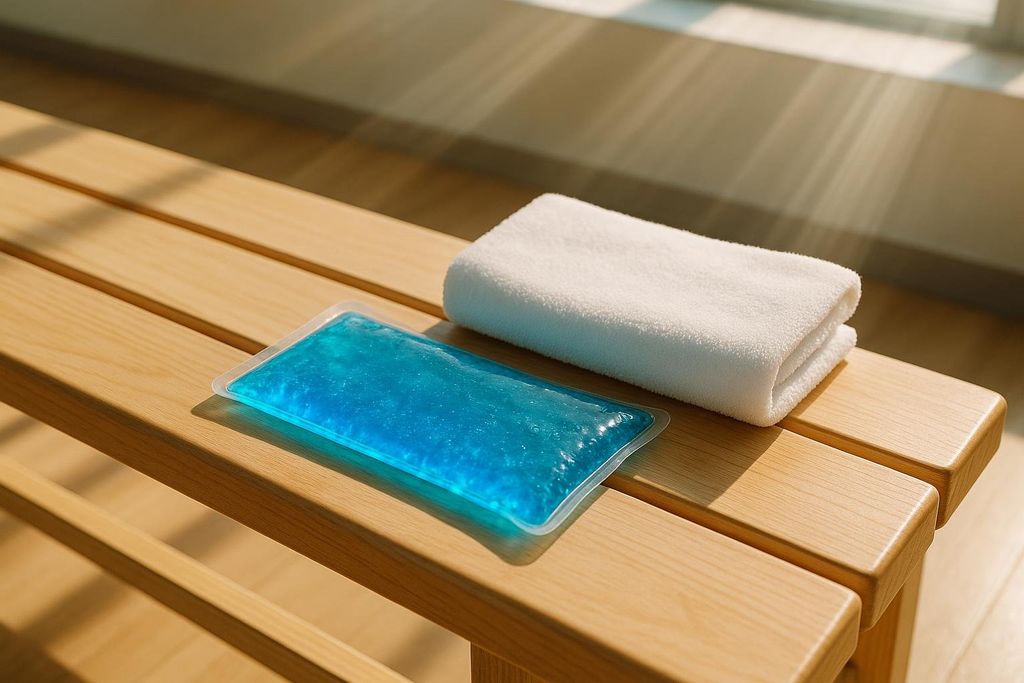 A cold pack and a towel sitting cleanly on a wooden gym bench.