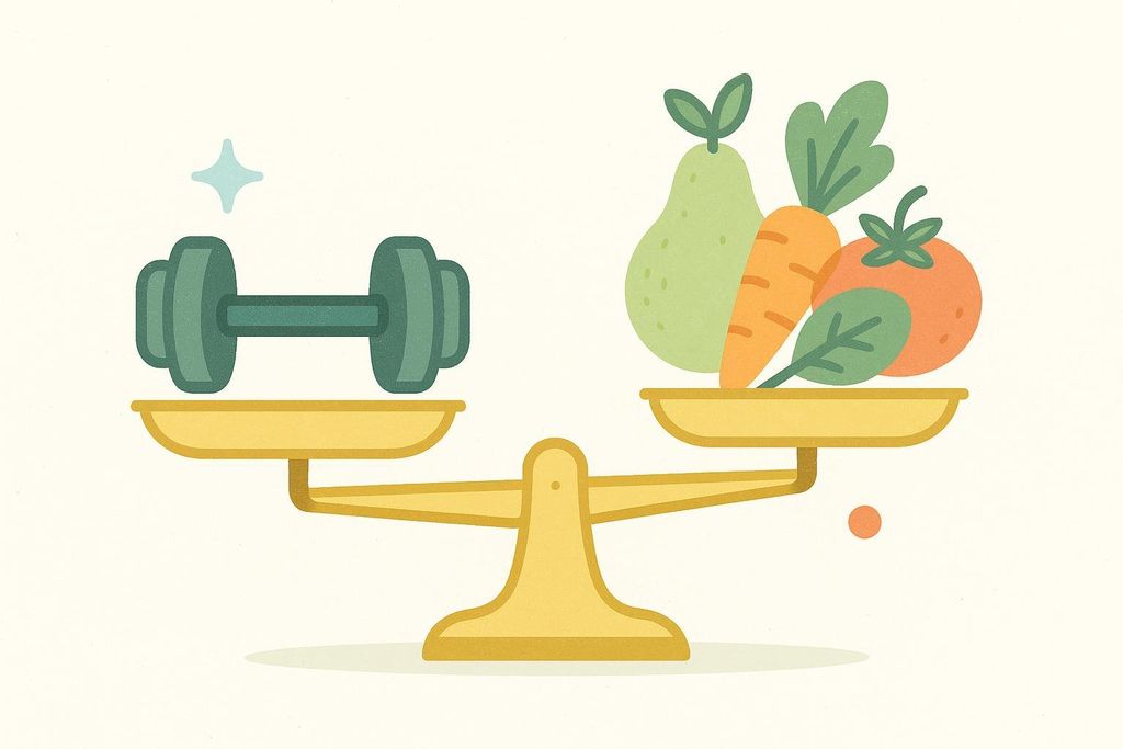 An illustration of a weighing scale balancing a green dumbbell on one side and a pear, carrot, spinach, and tomato on the other, symbolizing the importance of balancing exercise and healthy eating.