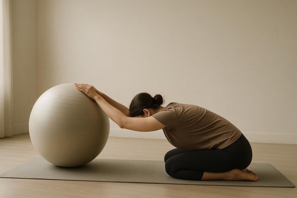A person in a child's pose on a yoga mat, with their arms extended over a large stability ball in front of them, deepening the stretch.