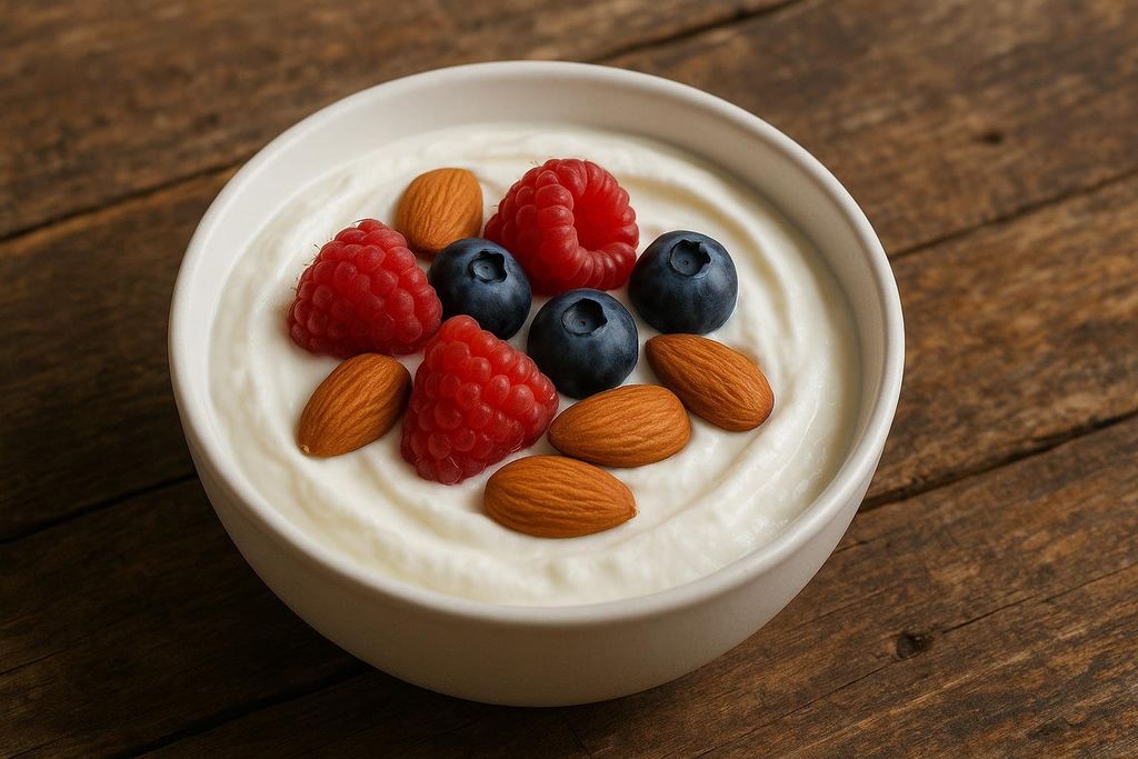A white bowl of Greek yogurt topped with fresh raspberries, blueberries, and whole almonds, set on a rustic wooden surface.