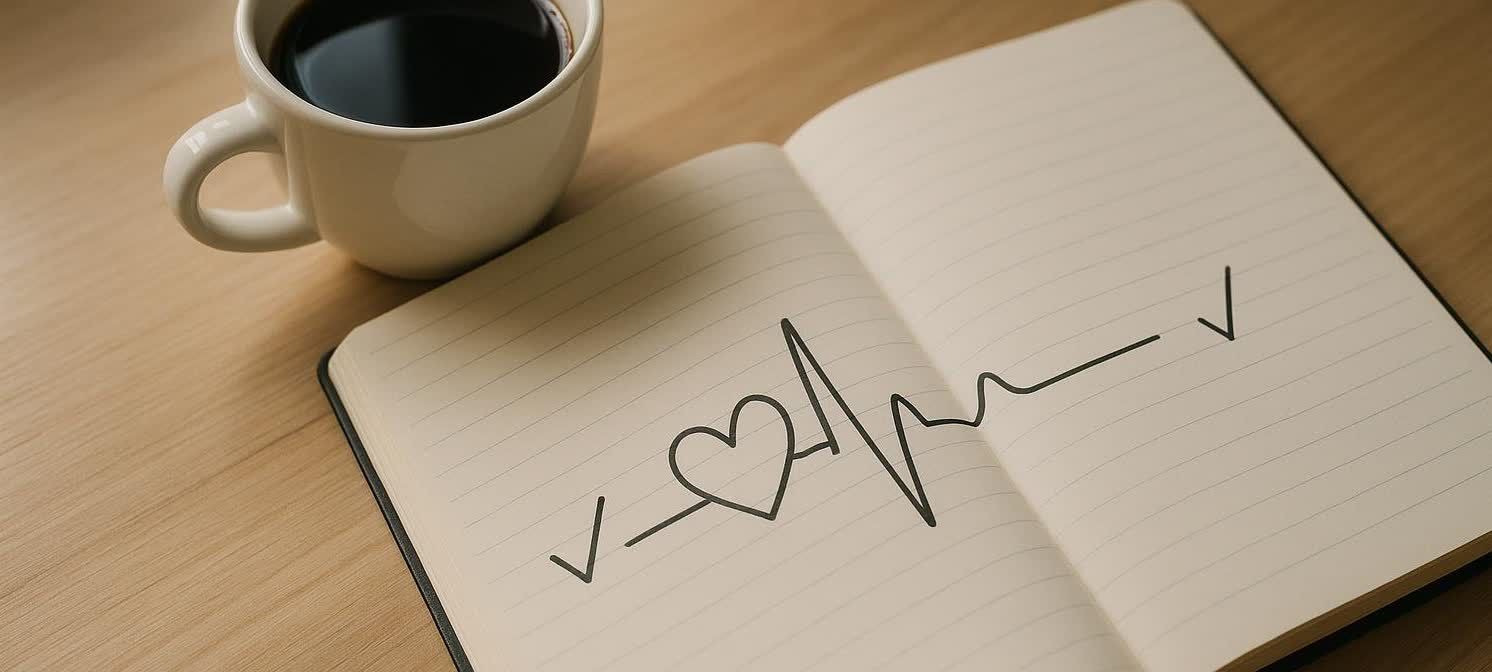 A cup of black coffee sits beside an open notebook showing a doodle of a heart rhythm with a heart outline and checkmarks. This suggests mindful tracking of caffeine's effects on well-being.