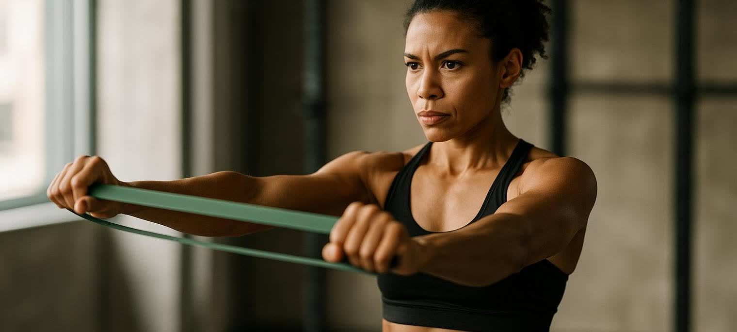A woman with a determined expression is performing an anti-rotation core exercise using a green resistance band, holding it with both hands extended in front of her. She is wearing a black sports bra in an indoor setting with a window in the background.