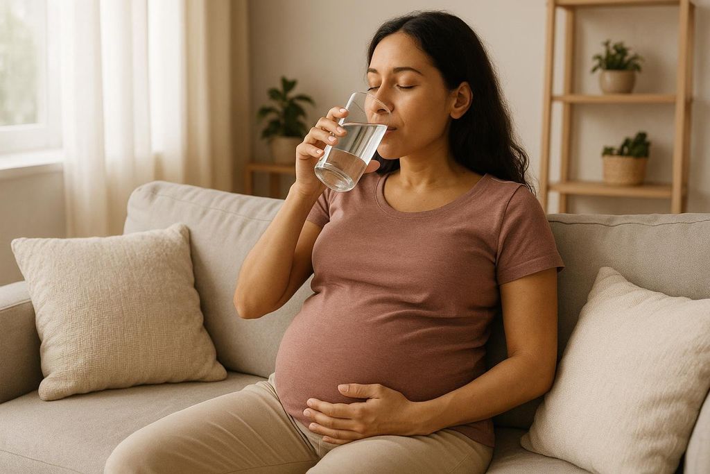 Pregnant woman resting and drinking water