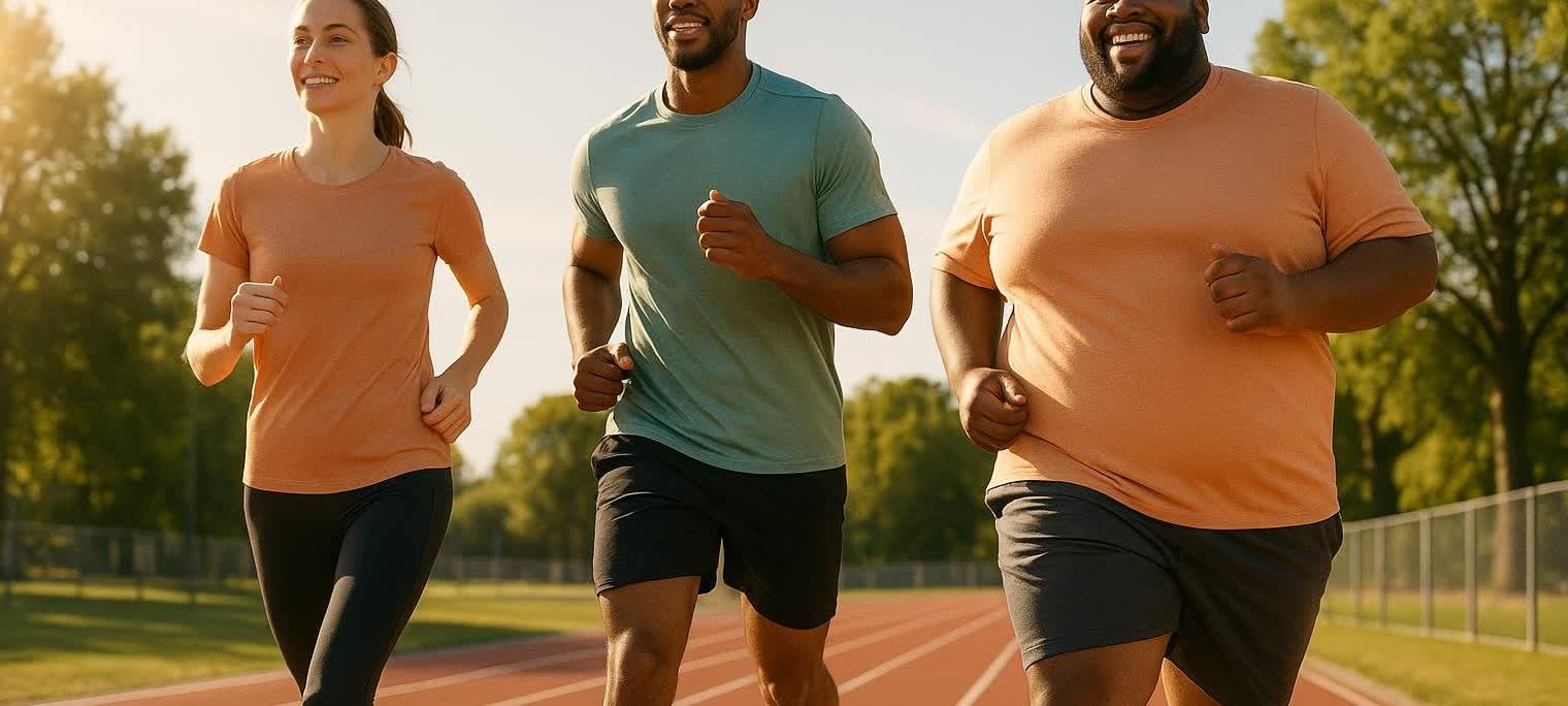 Three individuals with different body types, including a woman and two men, jogging together on a track under a bright sky. The person on the right is a larger man, smiling while running.