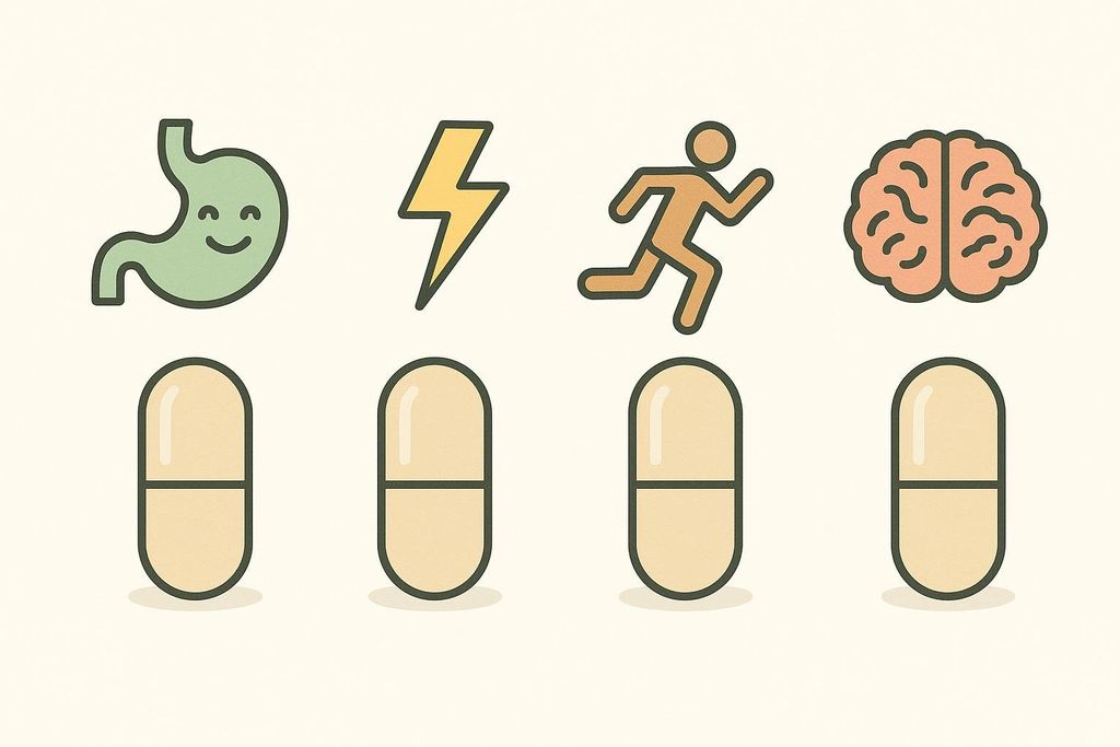An illustration comparing four supplement capsules, each with a unique icon above it representing different benefits or targets: a smiling stomach, a lightning bolt, a running person, and a brain.