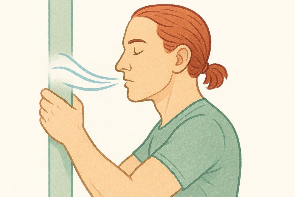 An illustration showing a person with auburn hair in a ponytail, wearing a green t-shirt, exhaling steadily with eyes closed. Blue lines emanate from their mouth, indicating airflow, and their hands are positioned near a vertical light green bar, suggesting a controlled posture or support during breathing.