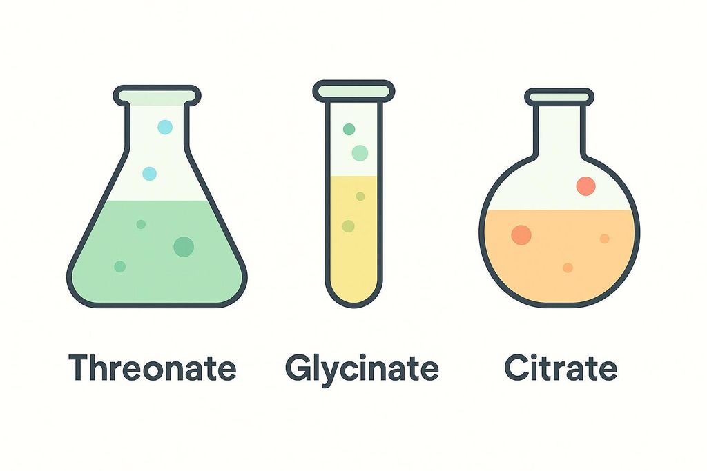 A visualization showing three different chemical compound types: Threonate in an Erlenmeyer flask with green liquid, Glycinate in a test tube with yellow liquid, and Citrate in a round-bottom flask with orange liquid. Each container has bubbles or dots indicating particles within the liquid.