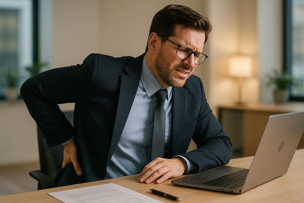 A man in a suit grimaces in pain, holding his lower back while sitting at a desk with a laptop. He appears to be experiencing discomfort from prolonged sitting.
