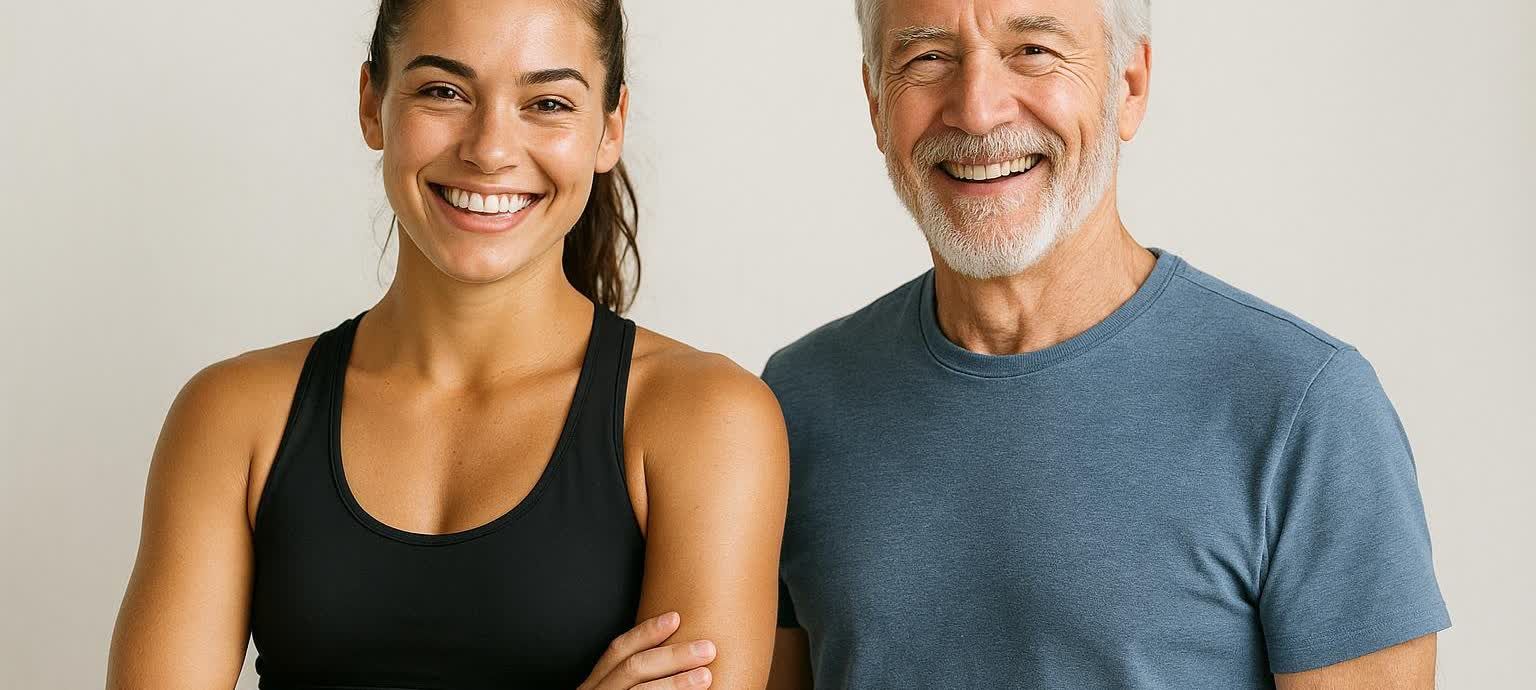 A smiling young athletic woman in a black sports bra stands next to a smiling older man with a white beard in a blue t-shirt, both looking towards the viewer.