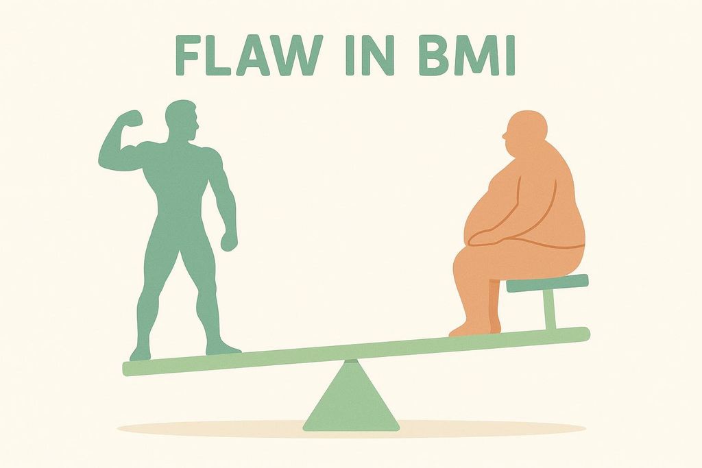 An illustration depicting a muscular person on one side of a seesaw and an obese person on the other, with the seesaw balanced. Above them, the words 'FLAW IN BMI' are displayed, highlighting the limitation of BMI for assessing health.