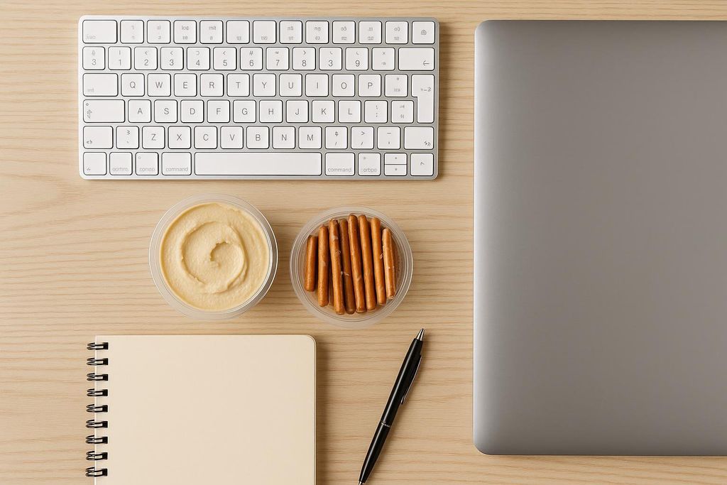 A convenient office snack of hummus and pretzels sitting on a light wooden desk next to a white keyboard, a grey laptop, a spiral notebook, and a black pen, viewed from above.