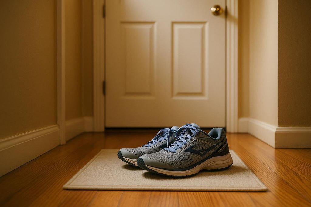 A pair of grey and blue running shoes sit on a light-colored mat on a wooden floor, positioned in front of a white closed door. The walls are a pale yellow.
