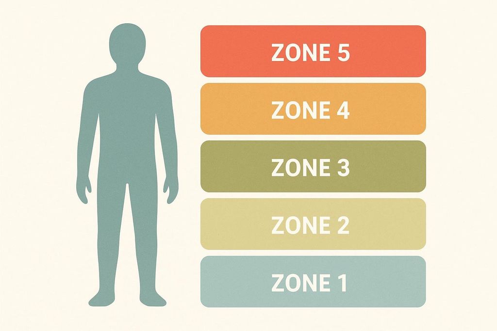 A diagram illustrating the five heart rate zones for exercise, represented by an outline of a person and five colored bars labeled Zone 1 through Zone 5, indicating increasing intensity.