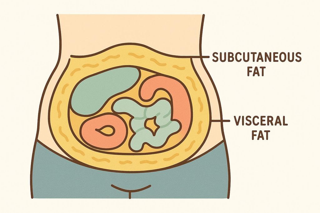 Illustration comparing subcutaneous fat and visceral fat in the abdominal area through a cross-section of the torso, showing the fat layers around organs.