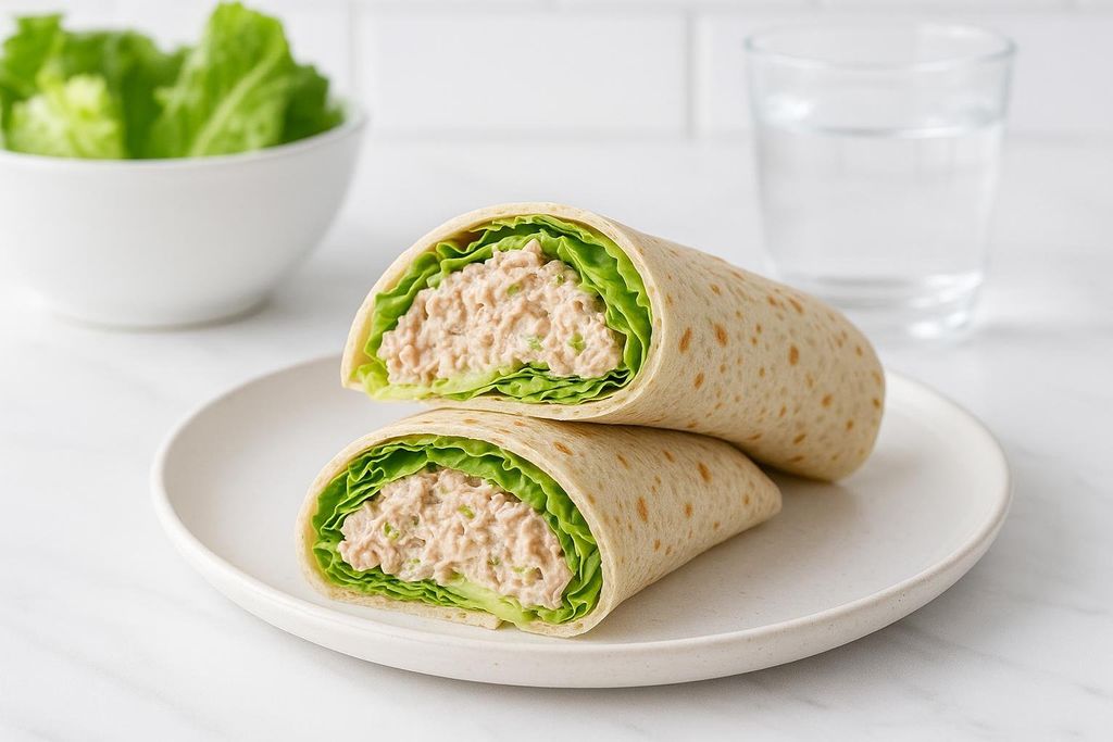 A tuna salad wrap, cut in half and stacked on a white plate. It's filled with green lettuce and creamy tuna salad. A bowl of lettuce and a glass of water are blurred in the background.