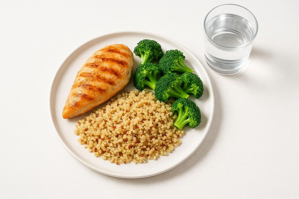 A balanced meal featuring a grilled chicken breast, a serving of quinoa, and several florets of steamed broccoli on a white plate, accompanied by a glass of water, emphasizing a nutritious diet for wellness.
