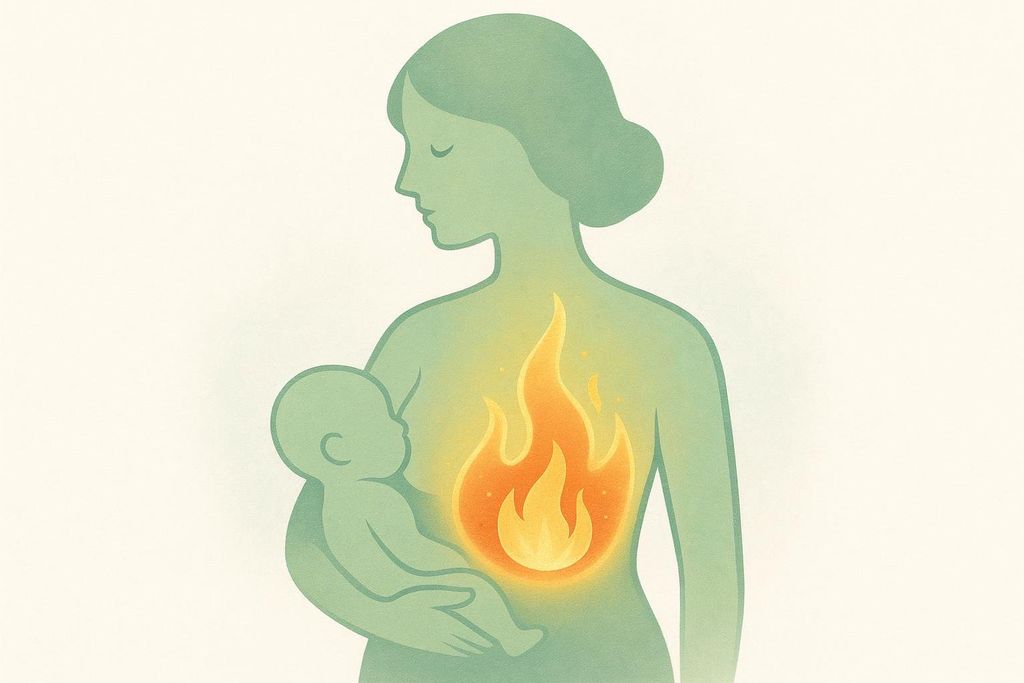 An abstract illustration depicting a mother in profile holding a baby, with an orange and yellow flame burning brightly within her chest area, symbolizing metabolic burn or warmth.