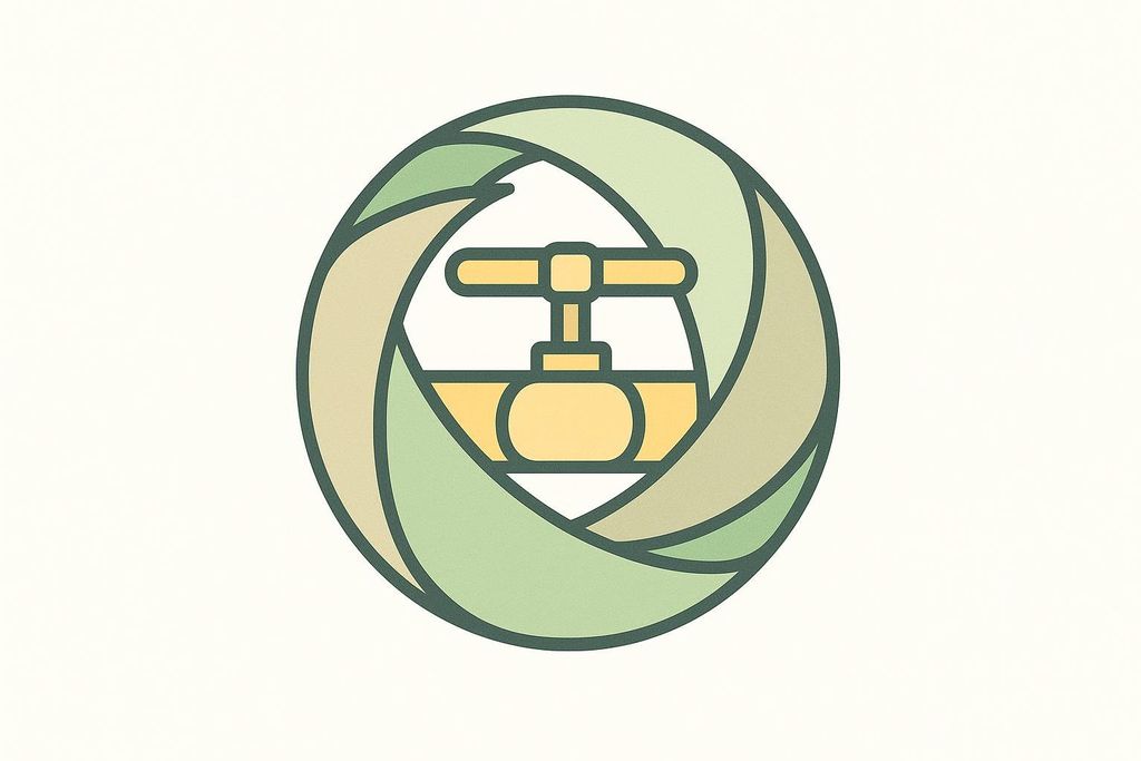 An abstract illustration featuring a stylized valve or faucet handle central to a circular design of overlapping, curved bands in shades of green and beige on a light background. The valve handle is yellow with dark outlines.