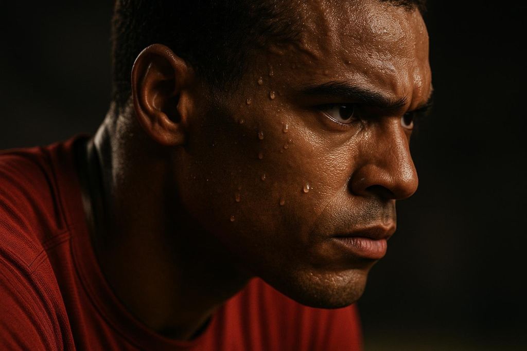 A close-up shot of a male athlete's face, covered in sweat, with a determined and focused expression as he looks off to the side, wearing a red shirt.