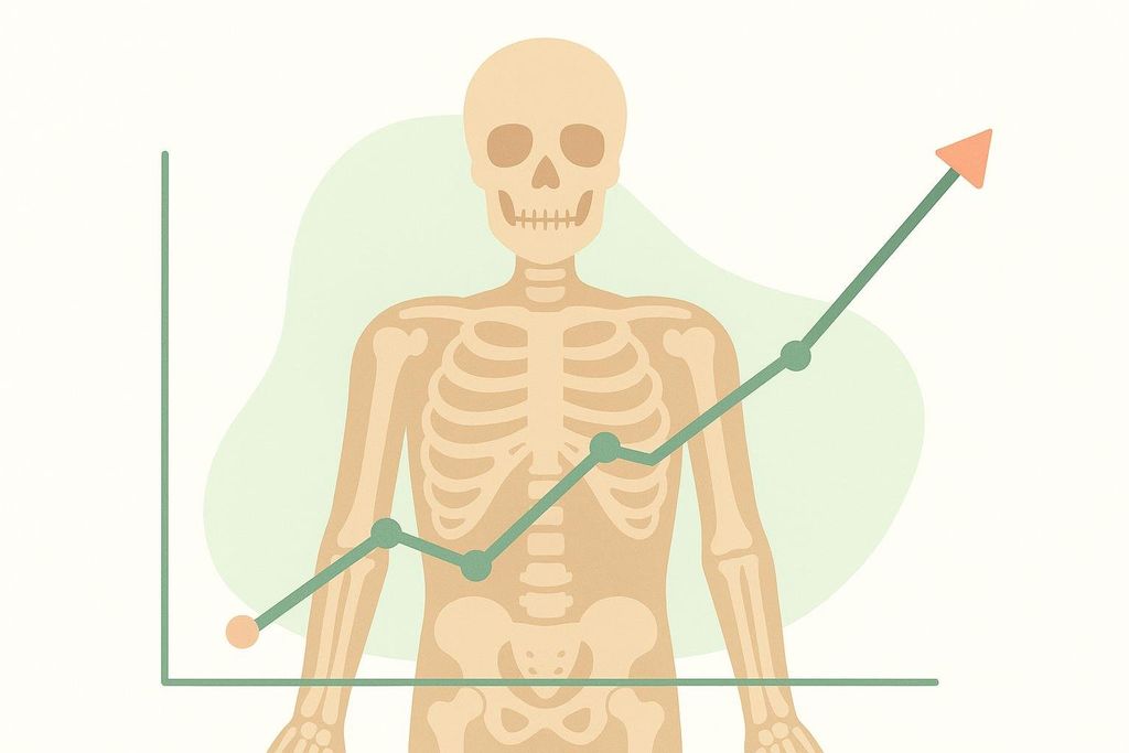 A stylized illustration of a human skeleton with an upward-trending line graph overlaid across its body, indicating a positive trend in bone health tracking.