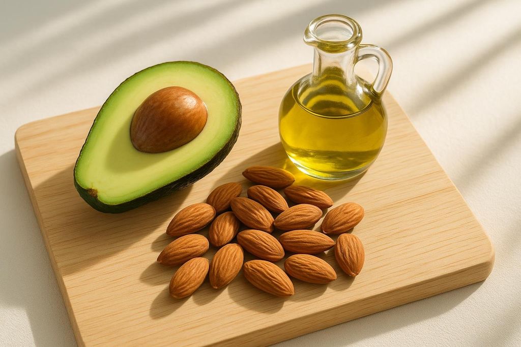 A close-up view of a halved avocado, a small pile of almonds, and a glass cruet filled with olive oil, all arranged on a wooden cutting board, representing healthy, nutrient-dense fats.