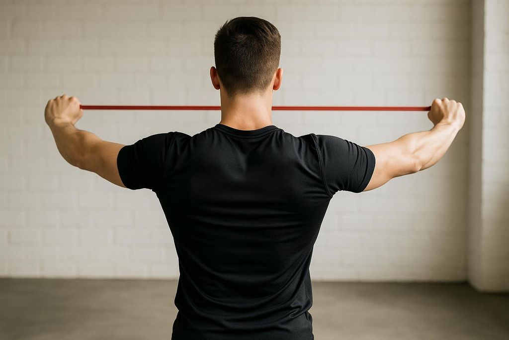 A man from behind, wearing a black shirt, warming up for a shoulder workout by doing band pull-aparts to activate his back and shoulder muscles. He is holding a red resistance band with both hands, stretched horizontally behind his back.