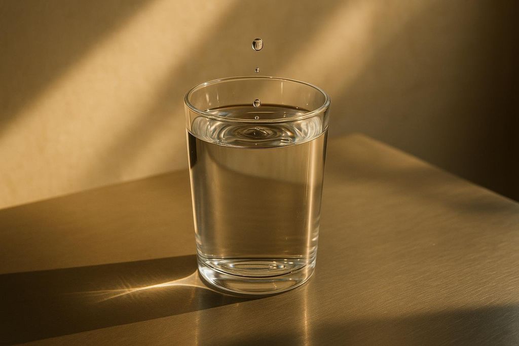 A clear glass of water with a single bright droplet suspended above it.