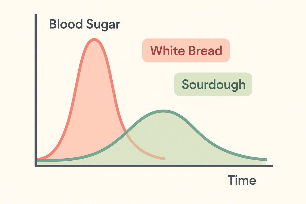 Line graph showing blood sugar response over time. The red curve labeled 'White Bread' shows a sharp, high peak followed by a rapid drop. The green curve labeled 'Sourdough' shows a lower, broader peak, indicating a gentler and more sustained blood sugar increase.