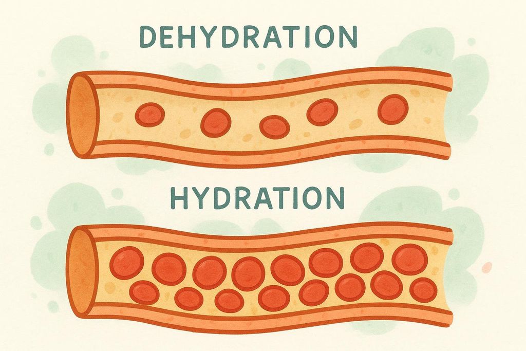 An illustration comparing a dehydrated blood vessel with fewer blood cells and more space for plasma to a fully hydrated one with more blood cells packed densely, leaving less room for plasma. The top vessel is labeled 'DEHYDRATION' and the bottom 'HYDRATION'.