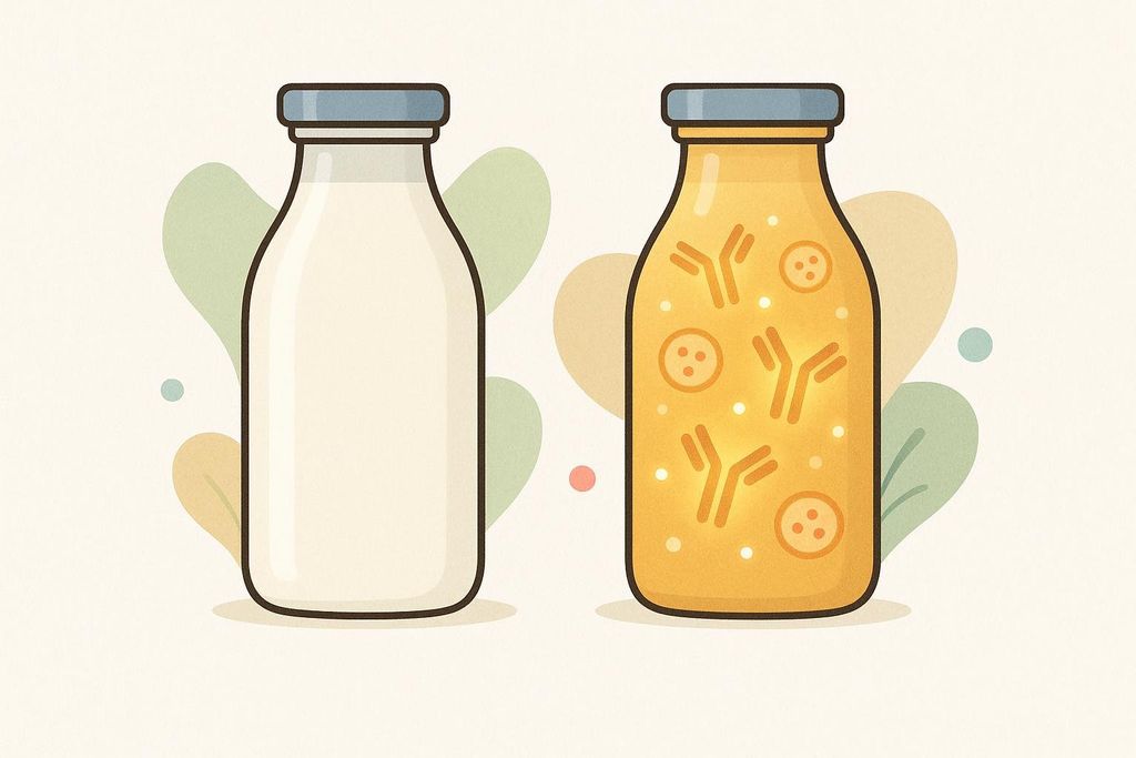 An illustration showing two bottles: one with white mature milk and another with golden colostrum containing antibody symbols and dots, on a light background with abstract shapes.