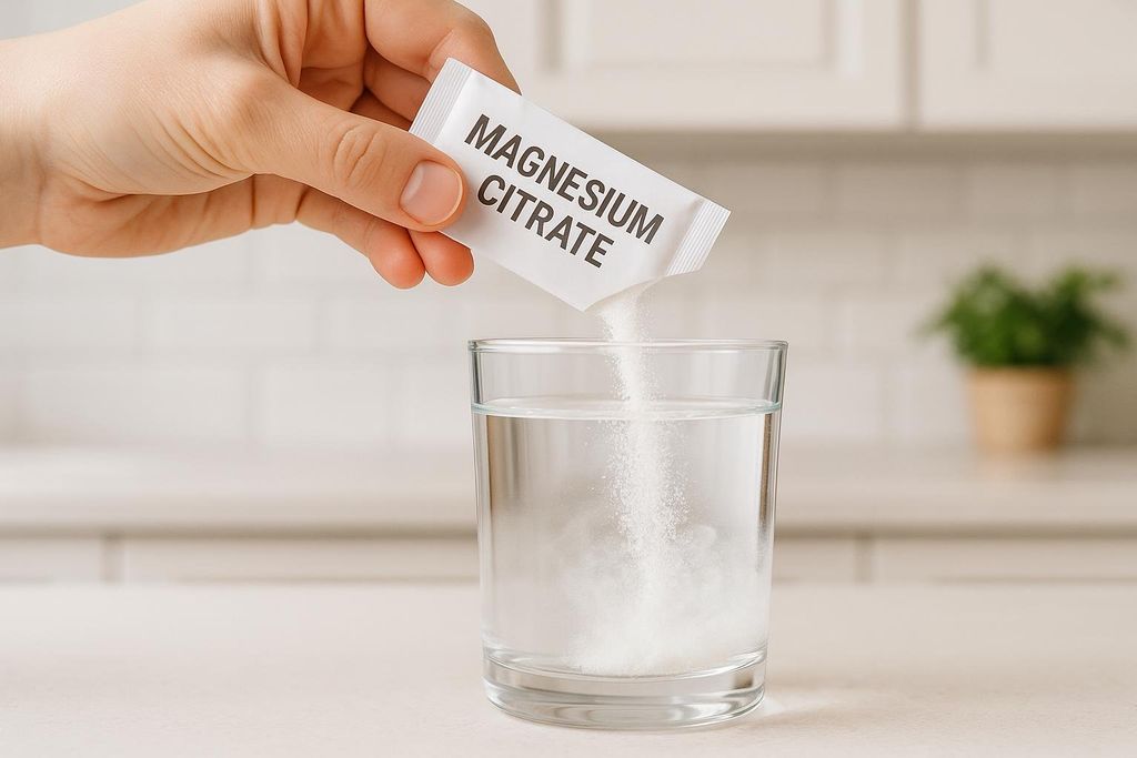 A person's hand holding a small packet labeled 'MAGNESIUM CITRATE' and pouring its white powdered contents into a clear glass filled with water. The powder creates a cloudy effect in the water as it dissolves.