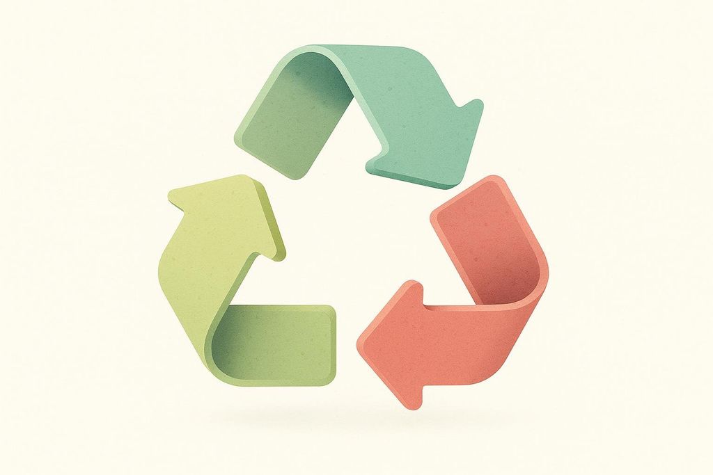 A stylized recycling symbol made of three arrows, each colored differently in shades of light green, teal, and coral. The arrows have a soft, textured appearance and are arranged in a circular loop, indicating continuous movement.