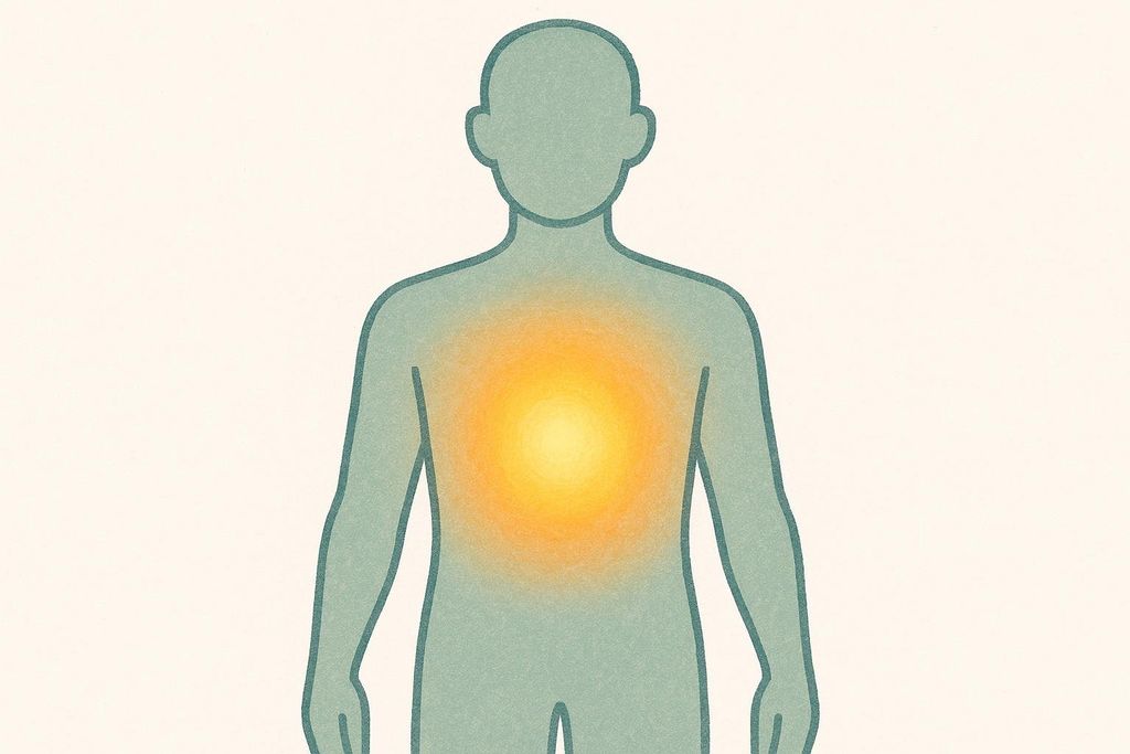 An illustration of a human silhouette outlined in teal with a warm, glowing yellow-orange light emanating from the center of its chest, against a light beige background.