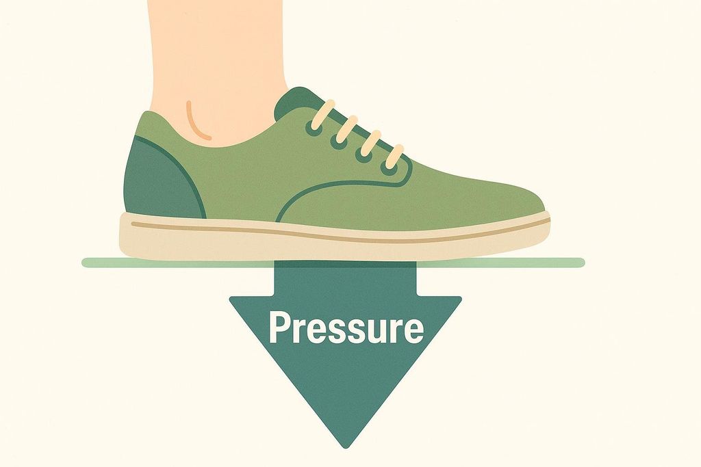An illustration of a foot wearing a green shoe with a large green arrow pointing downwards from underneath the shoe. The word "Pressure" is written in white text on the arrow, indicating downward force or pressure distribution from the foot.