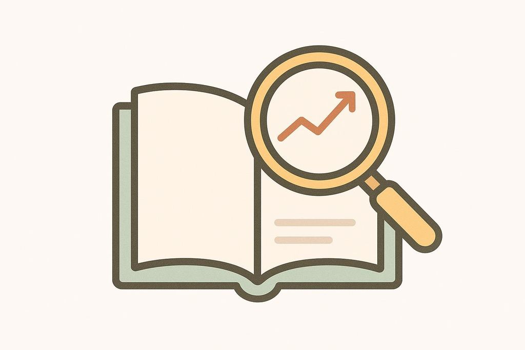 An icon of a brown-rimmed magnifying glass with a rising orange chart line inside it, placed over an open book with light green covers and text lines.