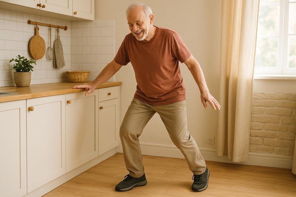 A senior man with a beard, wearing a rust-colored t-shirt and khaki pants, practices sideways walking in a kitchen, using the countertop for support. He is smiling and appears to be doing an Otago exercise for fall prevention.