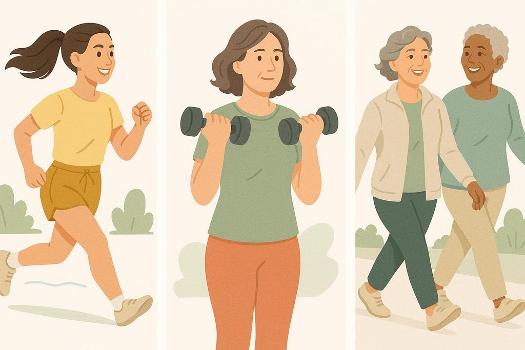 An illustration showing three panels. The first panel shows a young woman in her 20s jogging. The second panel shows a woman in her 40s lifting dumbbells. The third panel shows two women in their 50s or older walking together, smiling.