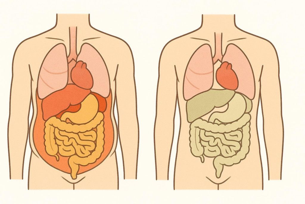 A comparison diagram showing two human torsos, stripped to display internal organs and visceral fat. On the left, a torso displays significant orange-colored visceral fat surrounding the organs, indicating an unhealthy state. On the right, a torso with reduced, light green visceral fat illustrates a healthy reduction in fat around the organs.