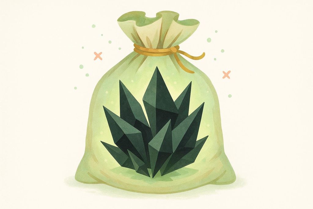 An illustration of dark green, jagged crystals contained within a light green bag tied with a yellow string. The background is a soft beige with small green dots and orange 'x' shapes scattered around.